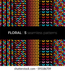 Set of floral seamless patterns. The patterns are composed of colorful leaves, flowers and branches. Designs suitable for fabric, tile and scrapbooking paper. 
