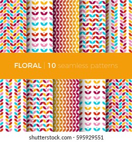Set of floral seamless patterns. The patterns are composed of colorful leaves, flowers and branches. Designs suitable for fabric, tile and scrapbooking paper. 