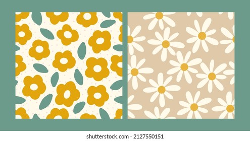 Conjunto de estampados florales sin fisuras con margarita y flor abstracta. Fondo de textura dibujado a mano boho con camomila. Impresión textil de tela. Diseño para el diseño de superficies, cubierta y papel de envoltura.
