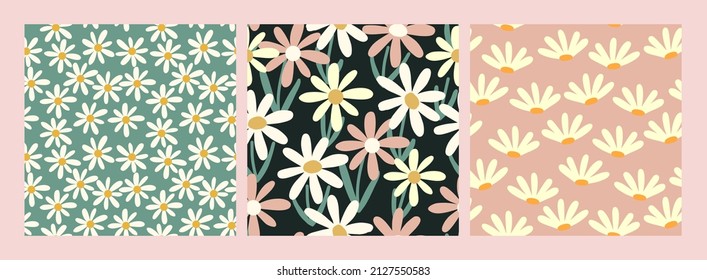 Conjunto de estampados florales sin fisuras con margarita y flor. Fondo de textura dibujado a mano boho con camomila. Impresión textil de tela. Diseño para el diseño de superficies, cubierta y papel de envoltura.