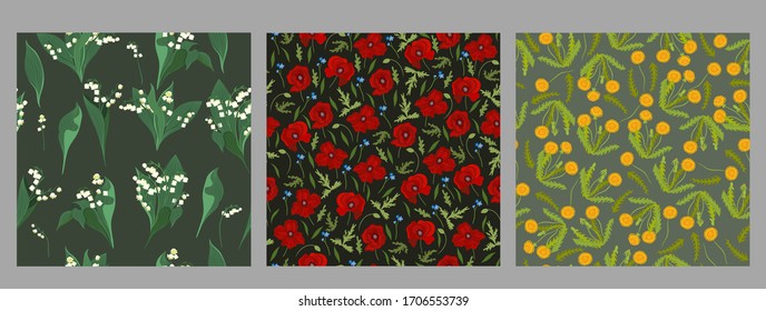 Set of floral seamless patterns with dandelions, poppies and lilies of the valley. Vector graphics.