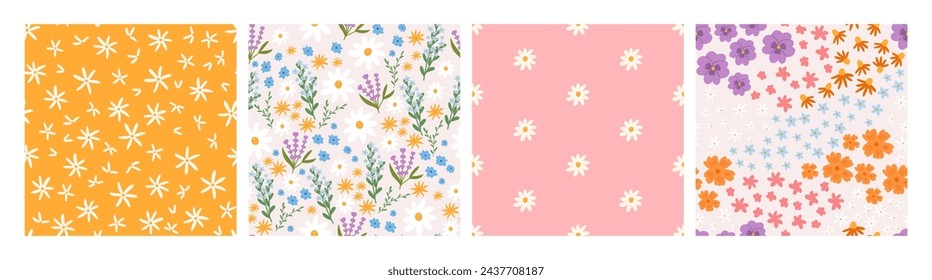 Set of floral seamless patterns, flat vector illustration. Spring backgrounds collection. Cute summer patterns for textile and fabric print. Concepts of nature, meadow and ditsy.