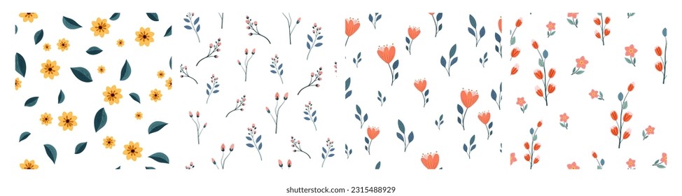 set of floral seamless patterns with flowers, leaves and branches vector illustration