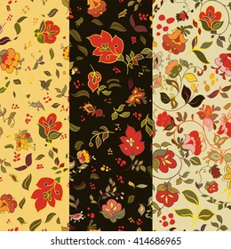 Set of floral seamless patterns. Folk boho style background with flowers. Vector illustration.