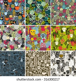Set of floral seamless patterns with funny skulls. Vector repeated background.