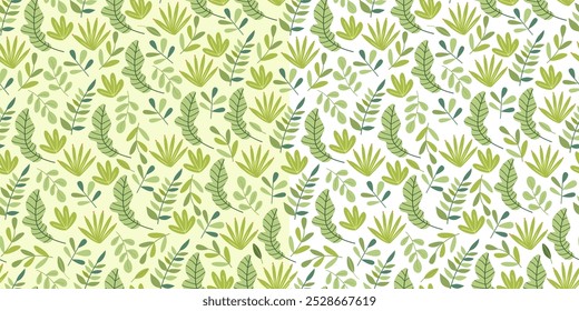 Conjunto de padrões florais sem emenda com folhas tropicais verdes. Ótimo para tecidos, especialmente para linho, papéis de embalagem, papéis de parede, capas. Ilustração vetorial em estilo plano