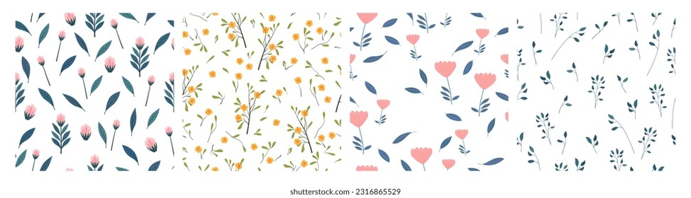 conjunto de patrones florales sin costura. flores, hojas y ramas dibujadas a mano