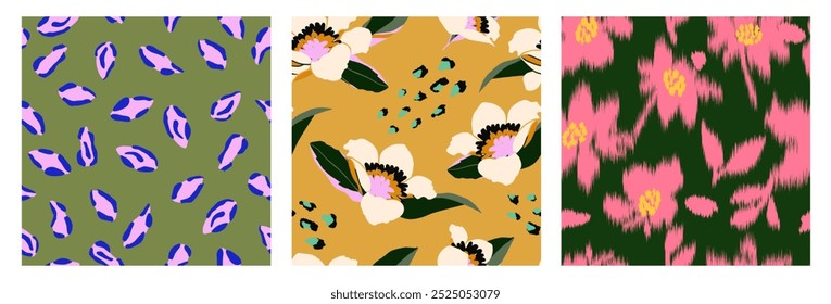 Conjunto de padrões florais sem emenda. Fundo de flor desenhado à mão moderno. Ideal para design têxtil, papel de parede, decoração de casa, capas, cartões, convites e cartazes.