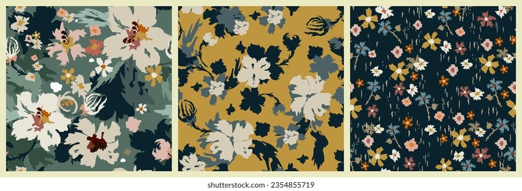 Set of floral seamless patterns with ornamental plants. Creative modern vector for textile decor, design, printing, business