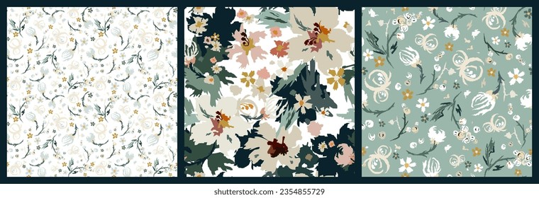 Conjunto de estampados florales sin fisuras con plantas ornamentales de colores a la moda. Creativo, romántico, moderno vector para decoración textil, diseño, impresión, negocios