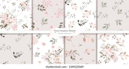 Set of floral seamless patterns. Seamless pattern with pink roses, flowers and leaves. Floral background for Wallpaper, paper and fabric.  Tile, print.