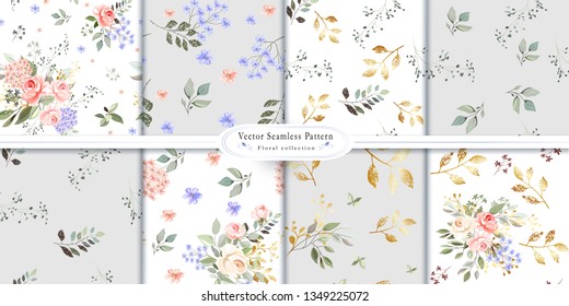 Set of floral seamless patterns. Seamless pattern with pink roses, flowers and leaves. Floral background for Wallpaper, paper and fabric.  Tile, print.