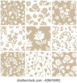 Set of floral seamless patterns with peonies, bells and pansies. English, French, Scandinavian motifs. Retro textile collection. Golden.
