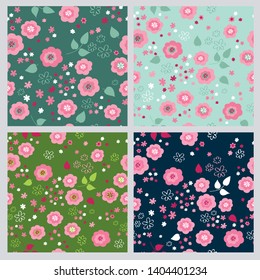 Set of floral seamless patterns with pink flowers for textile, wallpapers, gift wrap, covers and scrapbook. Vector illustration.
