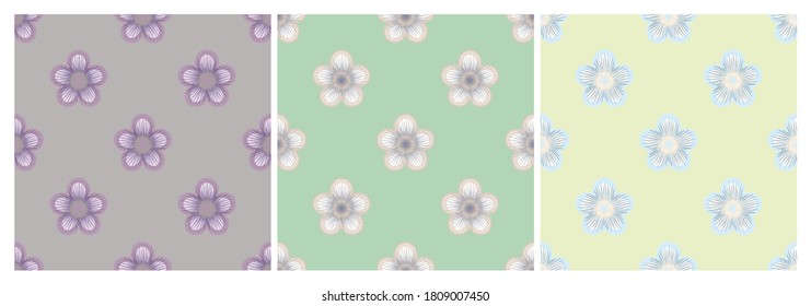 Set of floral seamless patterns. Repeat geometric botanical patterns with staggered flowers. Chess grid order. Vector illustration.