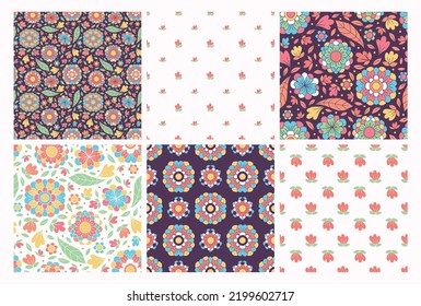 Set of floral seamless patterns in retro style. Vector illustration. Trendy design for any purpose.