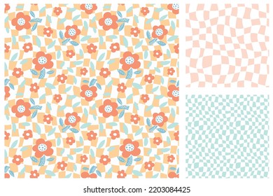 Set of floral seamless patterns in retro style. Vector illustration. Trendy design for any purpose.