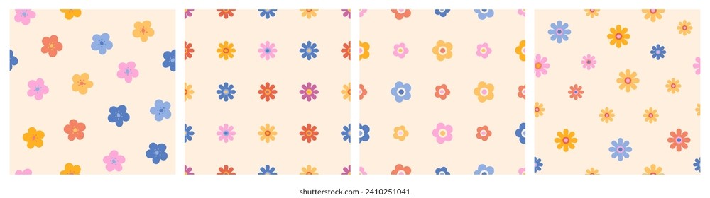 Set of floral seamless patterns in retro style. Multicolored flowers on beige backgrounds. Hippie simple wrapping. Groovy bloom. Vintage vector illustrations collection. Daisy in 70s style.