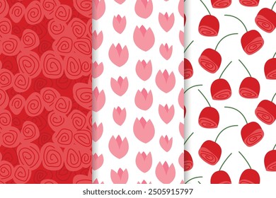 Set of floral seamless patterns. Roses and tulips vector seamless patterns set