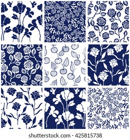 Set of floral seamless patterns with roses, poppies,wildflowers and cherries. Turkish, Indian, French, Italian motifs. Retro textile collection. Blue, white.