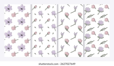 Set of floral seamless patterns with sakura flowers. Japanese cherry blossom. Ideal for bed linen, underwear, kitchen textile, fabric, etc. Vector illustration.