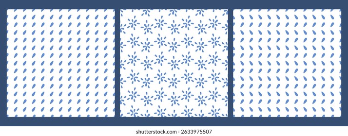 Set of floral seamless patterns. Simply blue flowers on white background. Doodle hand drawn nature symbols. Vector flat illustration for  decoration, wallpaper, textiles, printing, kids interior