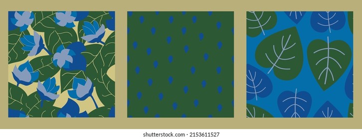 Set of floral seamless patterns. Vector backgrounds with flowers, leaves and dotted.