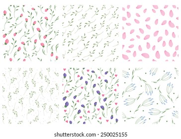 Set of floral seamless patterns. Vector flowers backgrounds. 
