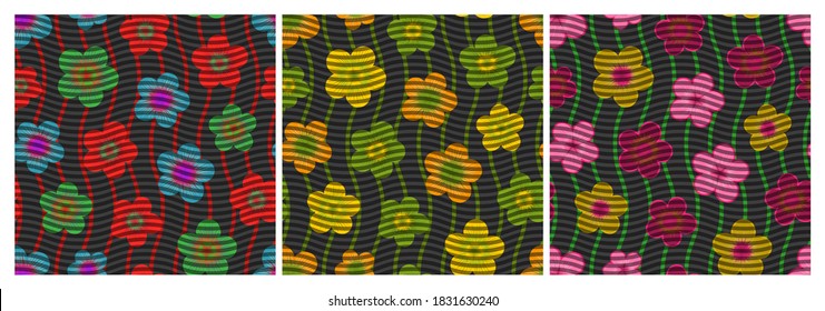 Conjunto de patrones florales sin costura con textura ondulada. Repetir los patrones botánicos ondulados abstractos. Ilustración vectorial.