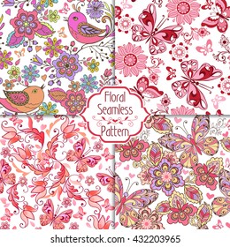 Set of floral seamless pink patterns with birds, butterflies and hearts. Vintage flowers seamless ornament. Decorative ornament backdrop for fabric, textile, wrapping paper.