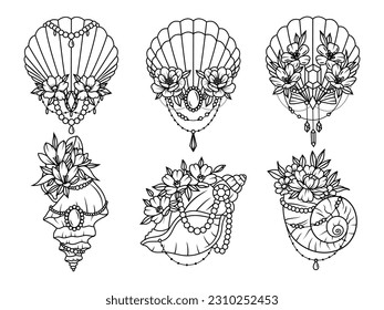 Set of floral seashells. Collection of flower wreath shells and beads. Beach. summer seashell. Vector illustration design for print. Drawing for children.