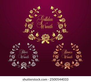 Set of floral shiny golden, silver and bronze awards icons. Round wreath of vintage roses and leaves and metallic colors. Decorative collection. Ethtic style. Reward logo template. Frame of flowers.