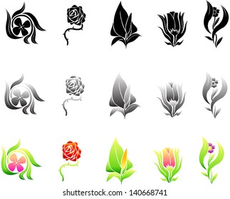 set of floral in silhouette and colorful design