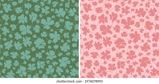 Set floral silhouette seamless repeat pattern. Two botany all over surface print on green and pink background.