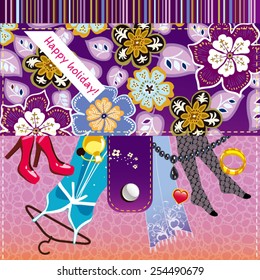 Set with floral, skin and stripe pattern and female things (shoes, dress, scarf, fragrance, necklace, hosiery, bracelet, heart). Vector illustration