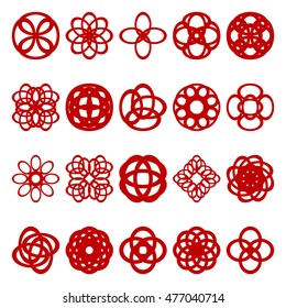 Set of floral spiral geometric elements in red color isolated on white background for design of logo, business cards and templates. Vector illustration