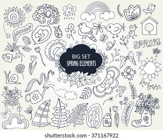 Set of Floral Spring elements. Vector Collection with Leaves, Flowers, branches, birds for Greeting Cards, Posters and Banners Design in outline doodle style