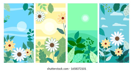 Set of floral spring leaves and flowers vertical backgrounds social media stories templates, color vibrant banners, posters, cover design, wallpapers. Vector isolated illustration