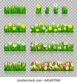 Set of floral spring nature border decor collection. Fresh green summer grass border with flowers. Seamless patterns. Vector illustration