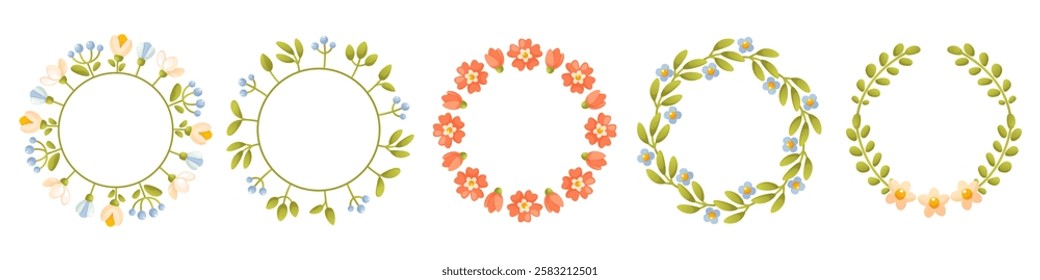 Set of floral spring, summer wreaths. Round floral frame with floral arrangements, with green leaves, empty space for text. Trendy greenery in botanical style in rustic style