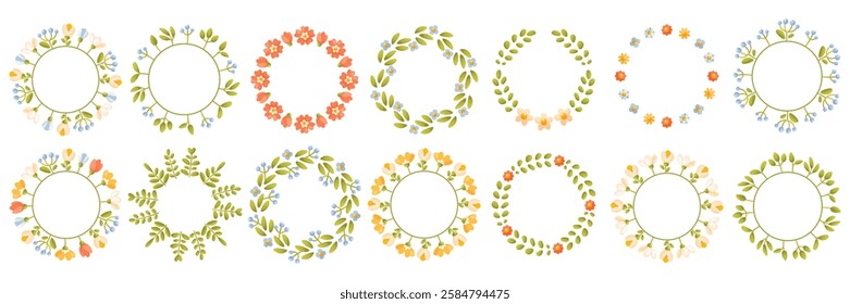 Set of floral spring, summer wreaths. Round floral frame with floral arrangements, with green leaves, empty space for text. Trendy greenery in botanical style in rustic style