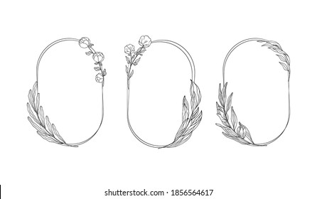 Set Of Floral Spring Wreaths. Foliage Frame For Wedding Card With Delicate Herbs. Vector Isolated Elegant Oval Flourish Border.