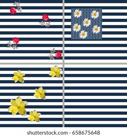 Set of floral striped pattern with daisy, daffodil and rose flowers. Summer design.
