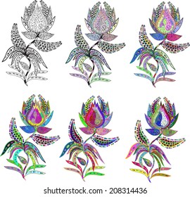 Set floral stylized items in retro style. Vintage design template for festive decoration.Vector illustration. 