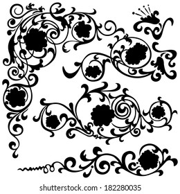 Set floral swirling pattern, silhouette black design ornament flower motifs