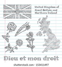 set of floral symbols of United Kingdom of Great Britain and Northern Ireland, flag, map and slogan