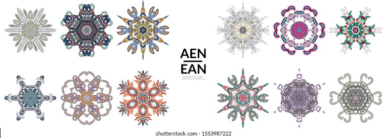 Set of floral symmetrical geometrical symbols. Vector flower mandala icon isolated on white. Oriental round colored pattern. Properly grouped for black outline and colored part of each mandala.