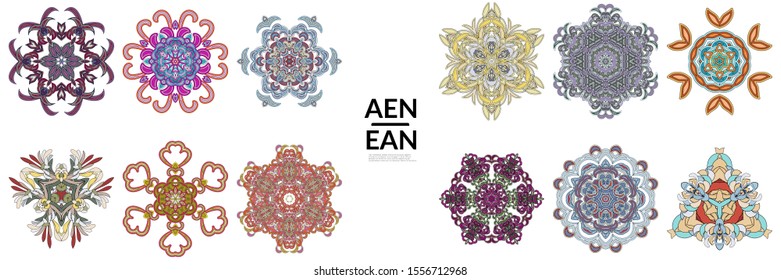 Set of floral symmetrical geometrical symbols. Vector flower mandala icon isolated on white. Oriental round colored pattern. Properly grouped for black outline and colored part of each mandala.