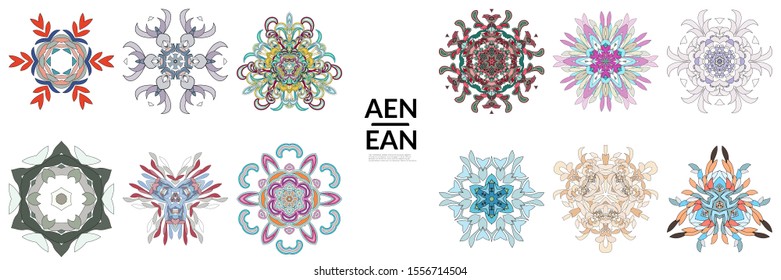 Set of floral symmetrical geometrical symbols. Vector flower mandala icon isolated on white. Oriental round colored pattern. Properly grouped for black outline and colored part of each mandala.