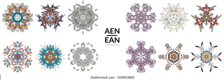 Set of floral symmetrical geometrical symbols. Vector flower mandala icon isolated on white. Oriental round colored pattern. Properly grouped for black outline and colored part of each mandala.